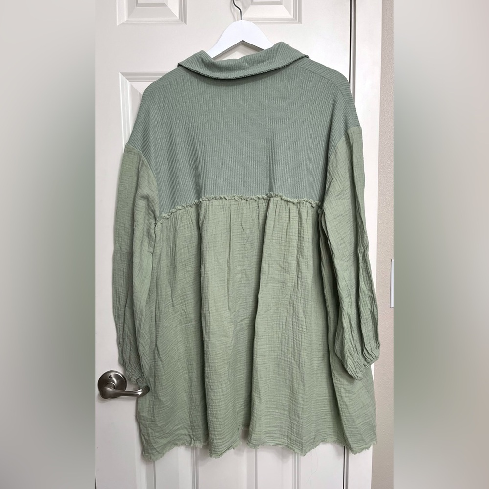 Three Bird Nest Long Sleeve Sage Green Button-Up Dress - Picture 2 of 9